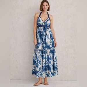 Moda International cotton Blue and White tie-dyed Halter Maxi Dress sz M